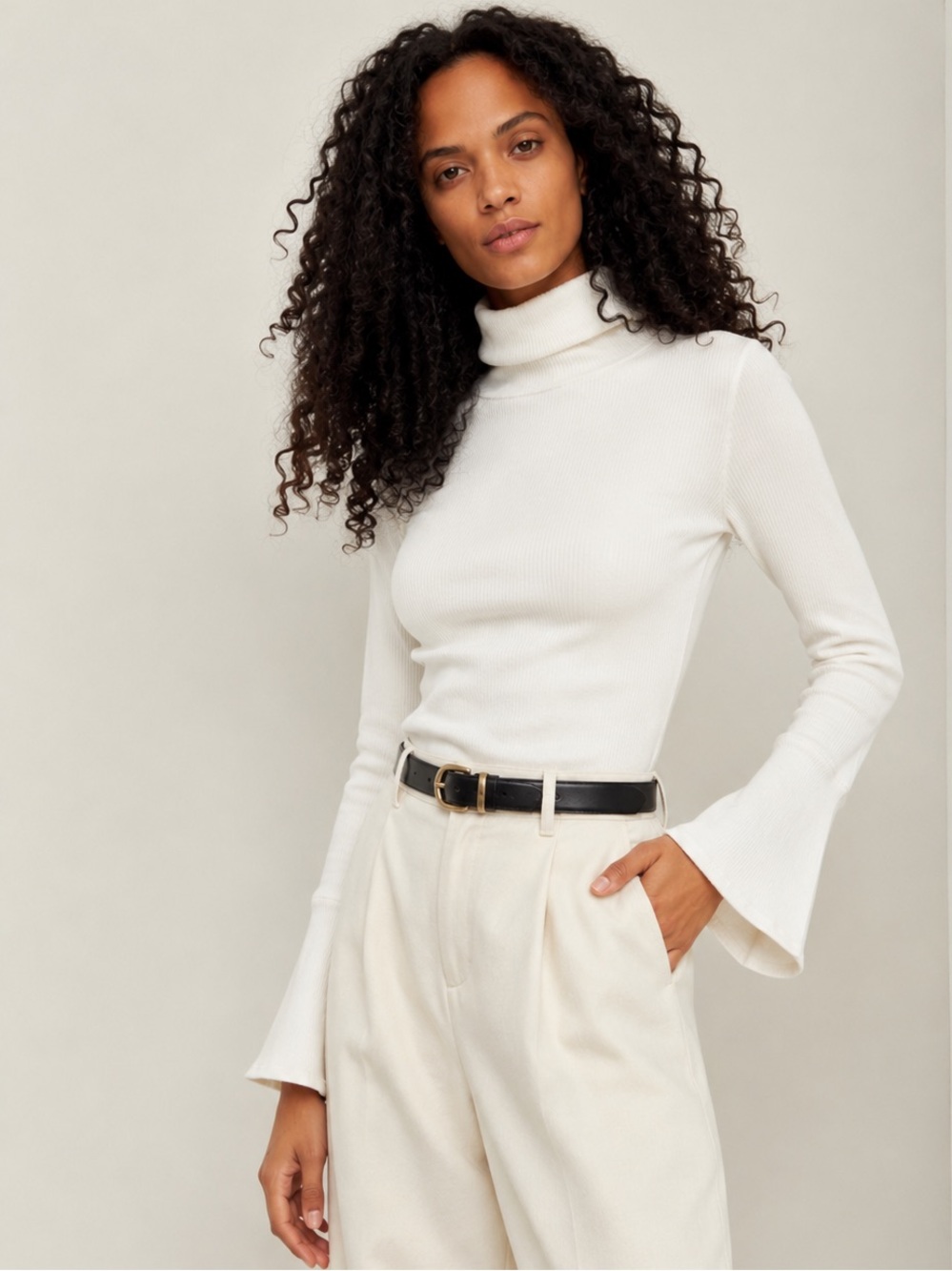 Free People Intimately White Bell Sleeve Turtleneck Top XS Fitted Boho